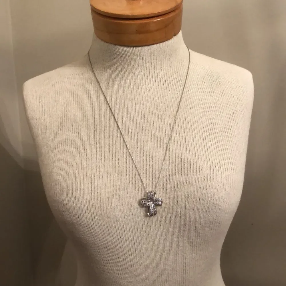 Vintage Loopy Bow Cross Necklace with Pale Purple Stones Sterling Silver